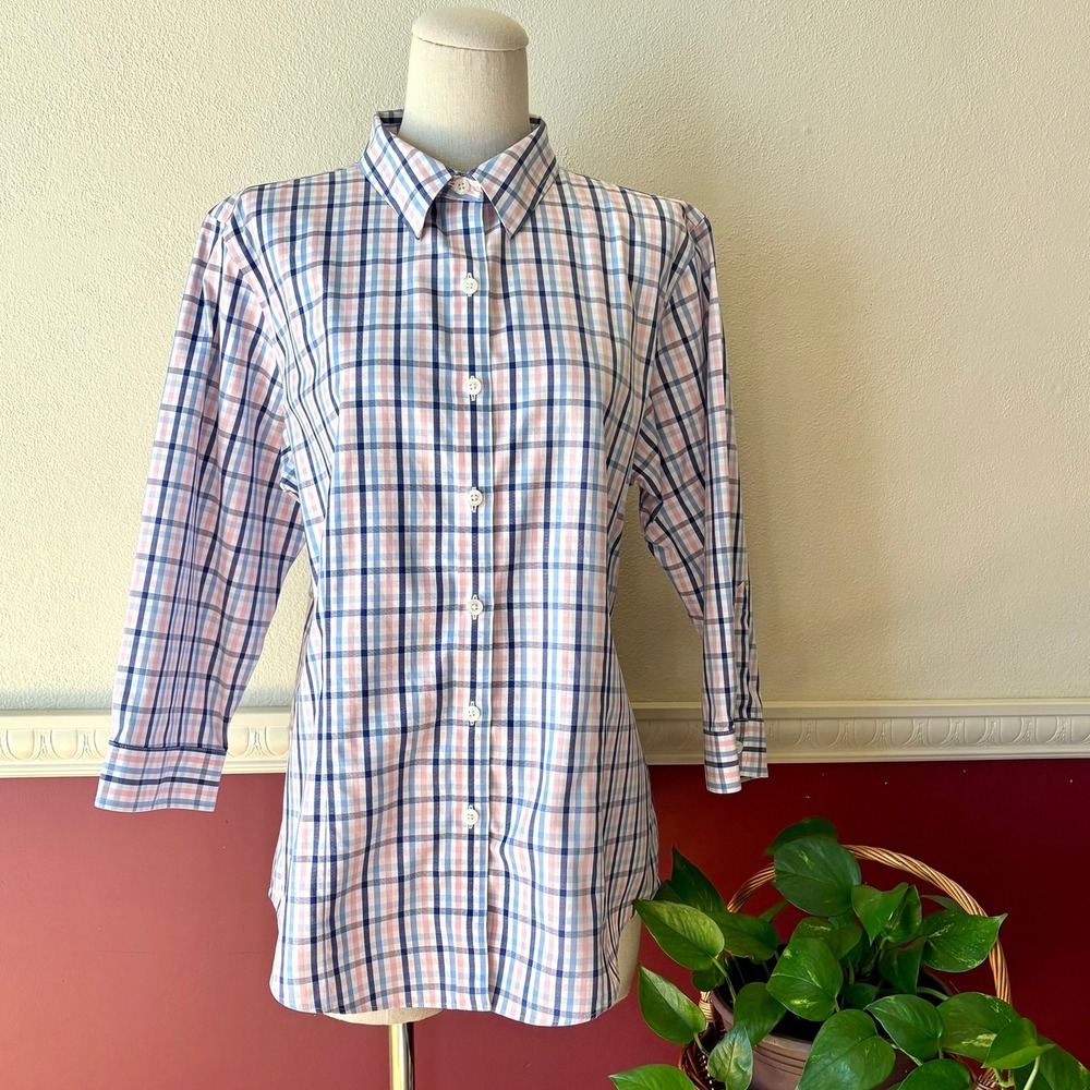 L.L. Bean Wrinkle Free Cotton Poplin Button Up Top M Pink Blue Plaid 3/4 Sleeve